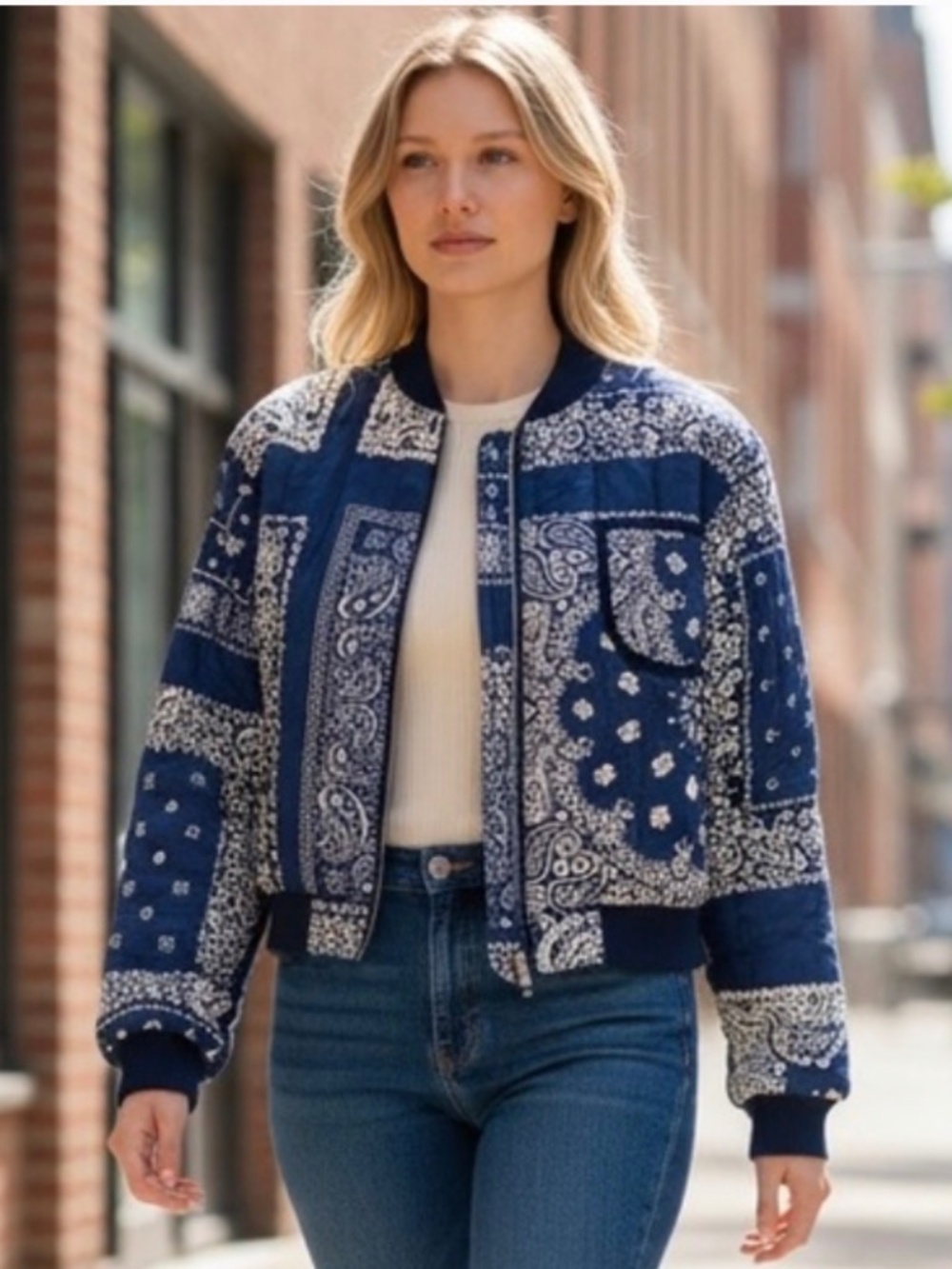 NEW blue b Navy Cream Paisley Bandana Floral Flower Print Zip Up Quilted Jacket